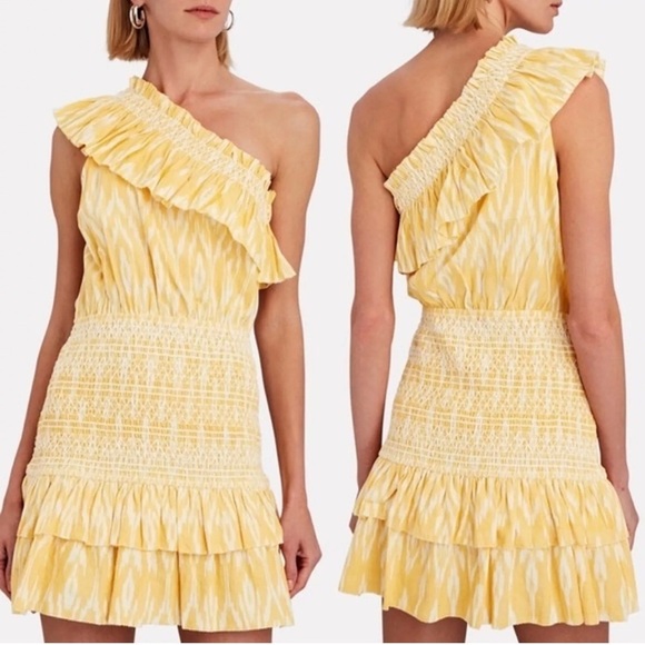 Saylor Carren One-Shoulder Yellow White Ikat smocked Cotton Mini Dress size M - Picture 1 of 10